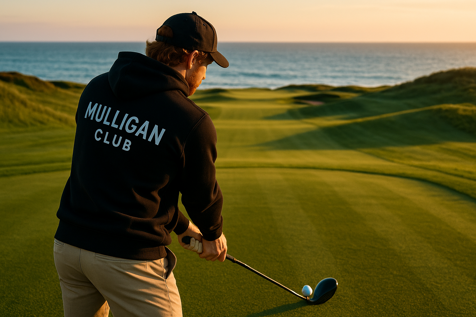 could the golfer be setting up to hit a shot down the airway and could the cap be black and can he have ginger hair